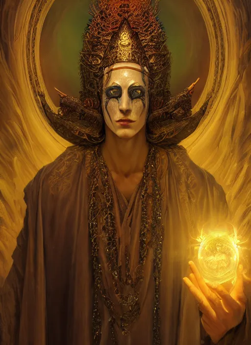 Image similar to slender high priest in a ornate robe, strange headpiece, subsurface scattering, by gerald brom, karol bak, tomasz alen kopera, cgsociety and fenghua zhong, highly detailed, rim light, cinematic lighting, illustration, art, octane render, very coherent, cinematic, hyper realism, high detail, octane render, 8 k