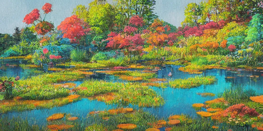 Prompt: pond landscape, by anastasia beltyukova, intricate, sharp focus, detailed, lively colors, studio ghibli color scheme