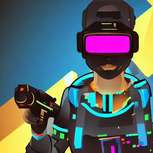 Image similar to krunker character wearing goggles with the word pixel spelt out above in a cyberpunk aesthetic