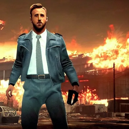 Image similar to ryan gosling in fallout 4 kneels near a nuclear bomb