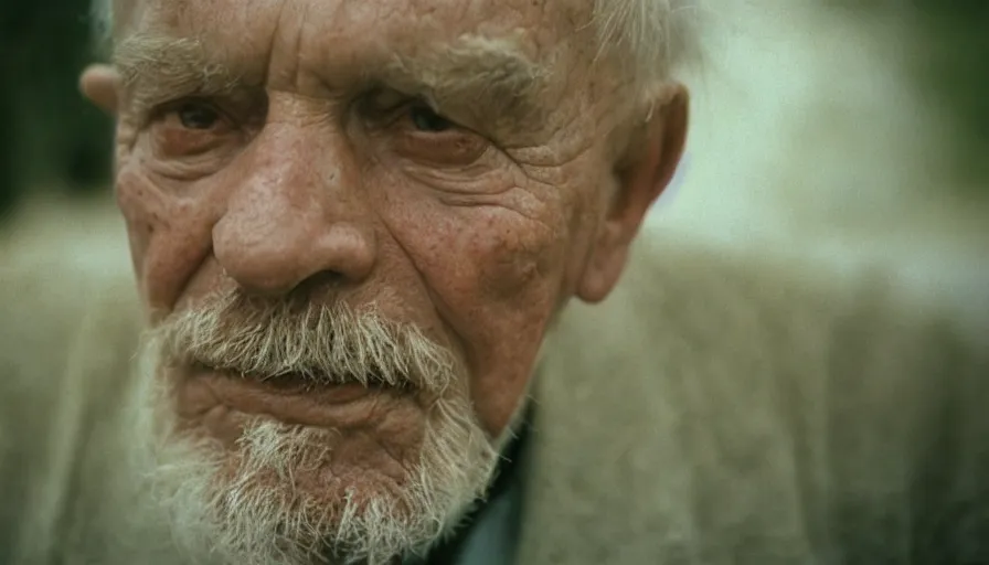 Image similar to movie still by tarkovsky portrait of an old man with trypophobia, cinestill 8 0 0 t 3 5 mm, heavy grain, high quality, high detail