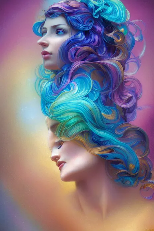 Image similar to bust of a rainbow woma , fantasy, gradient rainbow, dreamy and ethereal, blue eyes, golden ratio, peaceful expression, ornate frilly dress, fantasy, intricate, elegant, rainbow bubbles, highly detailed, digital painting, artstation, concept art, smooth,b sharp focus, illustration, art by artgerm and greg rutkowski and alphonse mucha