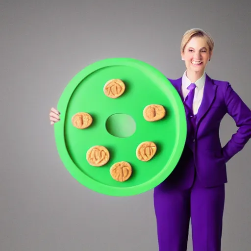 Prompt: corporate portrait, anthropomorphic edible piechart, purple green color scheme, professional studio lighting