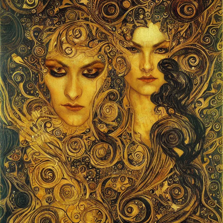 Prompt: Divine Chaos Engine by Karol Bak, Jean Deville, Gustav Klimt, and Vincent Van Gogh, celestial, visionary, sacred fractal structures, ornate gilded medieval icon, spirals