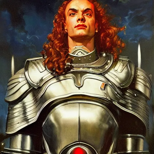 Image similar to oil painting of a pale menacing Apollo with long curly blond hair and piercing red glowing eyes, powerful sci fi centurion in tall jagged black plate armor, cinematic chiaroscuro creeping darkness, by J.C leyendecker and norman rockwell