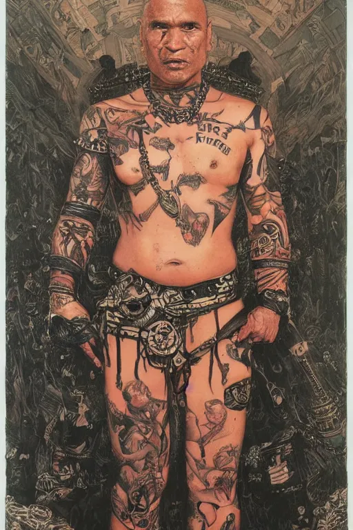 Image similar to full length portrait of temuera morrison as a tattooed gothic punk by lawrence alma tadema and zdzislaw beksinski and norman rockwell and jack kirby and tom lovell and greg staples