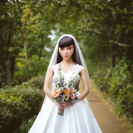 Image similar to a symmetric and beautiful face, professional full length high definition photo of a young woman with twin tails and wedding dress, photo taken with Sony a7R