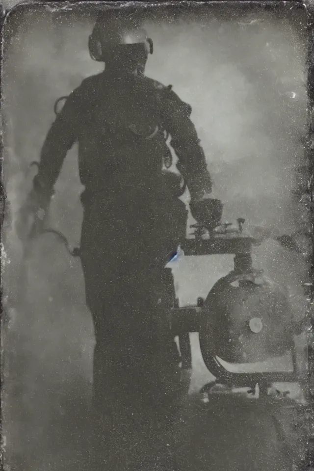 Prompt: wet plate photograph, astronaut, victorian era boiler room, coal dust, realistic