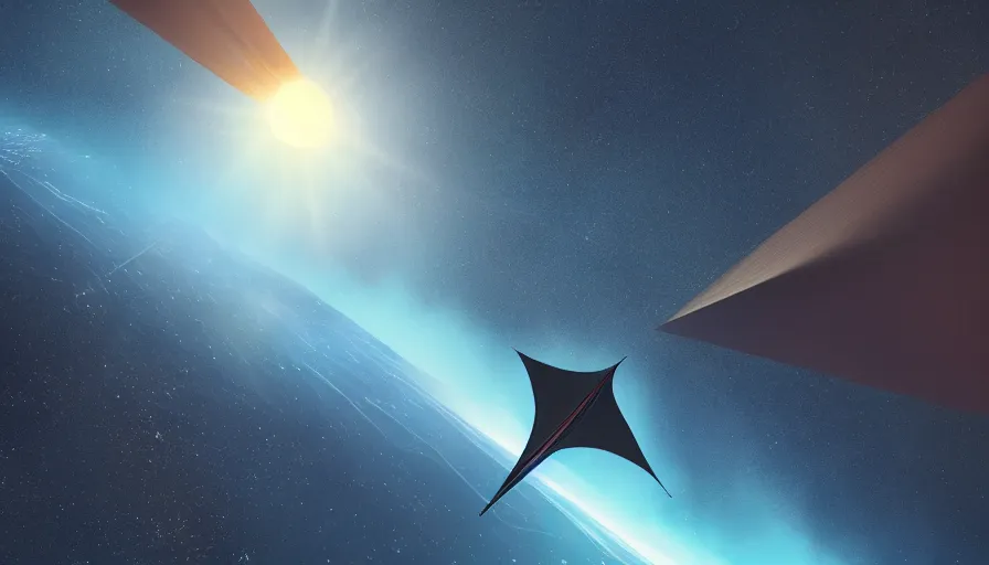 Image similar to no man's sky, solar sail between sun and earth, cinematic, digital art