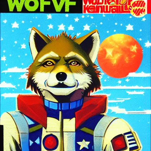 Image similar to 1 9 8 0 s video game art of anthropomorphic wolf o'donnell from starfox fursona furry wolf in a space cadet uniform, looking heroic, magazine scan, 8 0 s game box art, wolf o'donnell