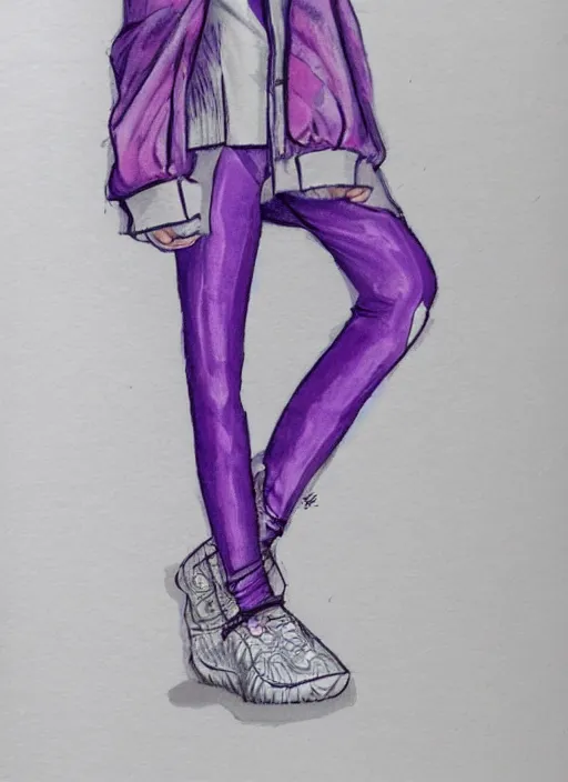 Prompt: a fashion sketch of a girl wearing a puffy dark japanese kimono inspired anorak and tight purple leggings yeezy 5 0 0 sneakers