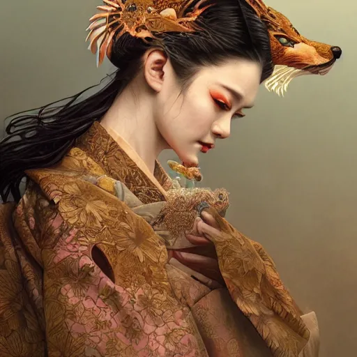 Prompt: a Photorealistic dramatic fantasy render of a beautiful woman wearing a beautiful intricately detailed Japanese Fox Kitsune mask and clasical Japanese Kimono by WLOP,Artgerm,Greg Rutkowski,Alphonse Mucha, Beautiful dynamic dramatic dark moody lighting,shadows,cinematic atmosphere,Artstation,concept design art,Octane render,8K The seeds for each individual image are: [114061176, 1213492095, 854298751, 3407251711]