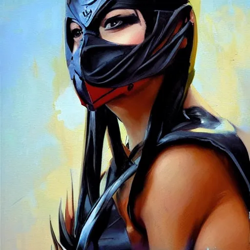 Prompt: greg manchess portrait painting of mileena from mortal kombat wearing a mask covering her mouth as overwatch character, medium shot, asymmetrical, profile picture, organic painting, sunny day, matte painting, bold shapes, hard edges, street art, trending on artstation, by huang guangjian and gil elvgren and sachin teng