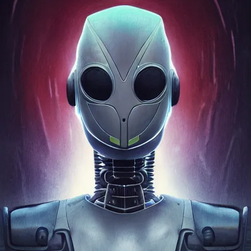 Image similar to detailed character concept art portrait of a masked robot in a city, trending on artstation, award - winning video game concept art by jim burns and greg rutkowski, beksinski, a sci - fi concept art masterpiece, james gilleard, bruegel, alphonse mucha, and yoshitaka amano.