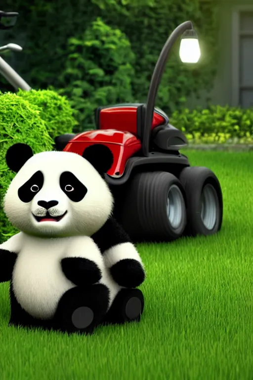 Image similar to a panda driving a lawn mower mowing his lawn, suburban garden, cgsociety and beeple highly detailed, cinematic lighting, illustration, art, octane render, unreal engine lumen, very coherent. cinematic, hyper realism, high detail, octane render, 8 k
