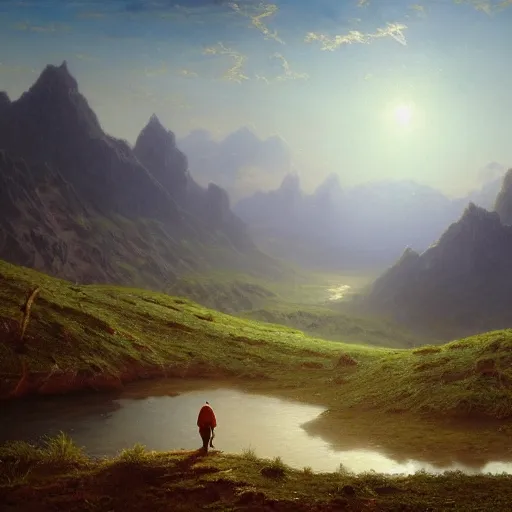 Prompt: a traveler wandering trough the mountains looking at the clouds, very detailed, oil painting, cinematic lighting, neo-romanticism, albert bierstadt, trending on artstation