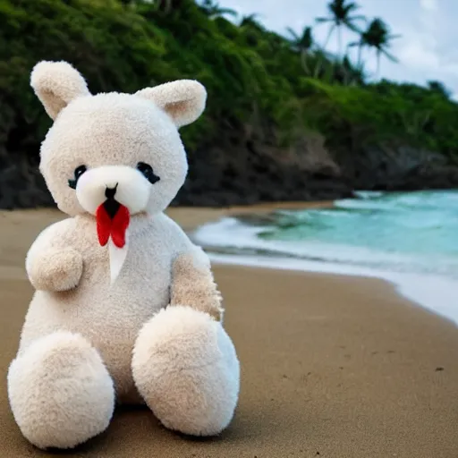 Prompt: an adorable fierce furry chubby monster with long floppy rabbit ears teddy bear body and wolf legs, Smiling at the camera with a mischievous grin, happy lighting, at a tropical beach