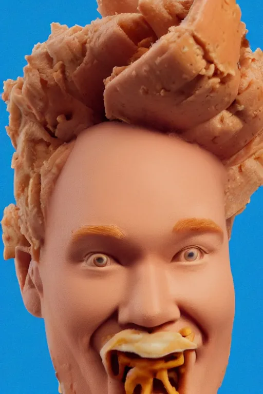 Image similar to 📷 conan o'brien the ice - cream cone 🍦, made of food, head portrait, dynamic lighting, 4 k