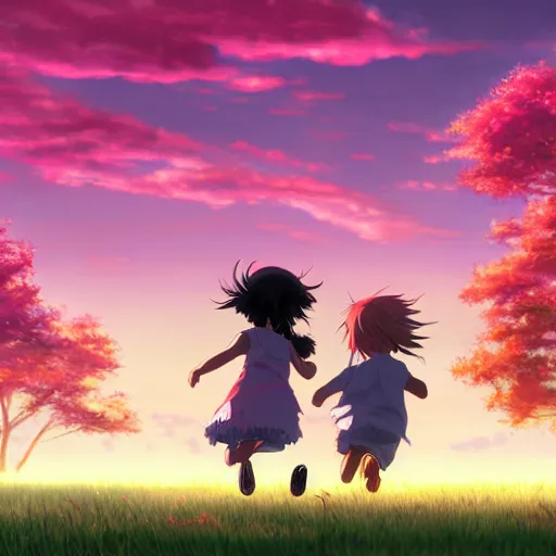 Image similar to beautiful, detailed digital painting of two black-haired children running through a field, sunny, anime by Makoto Shinkai, trending on artstation