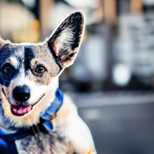 Image similar to blue heeler dog on a motorcycle, 8 k photography, blurred background of a wafflehouse