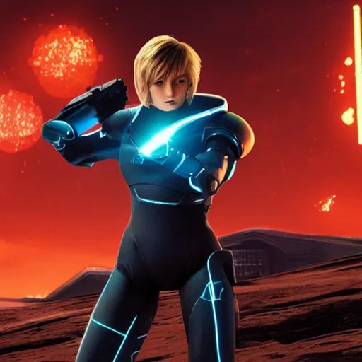 Image similar to Samus Aran standing on a desolate planet, Tron: Legacy (2010) style, movie still, official media, 4k HD