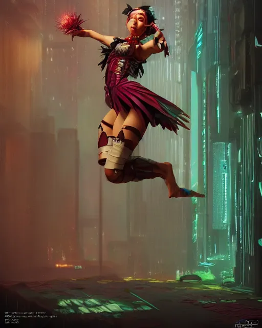 Image similar to An epic fantasy comic book style full body portrait painting of a very beautiful cyberpunk Hula Dancer, character design by Mark Ryden and Pixar and Hayao Miyazaki, unreal 5, DAZ, hyperrealistic, octane render, cosplay, RPG portrait, dynamic lighting, intricate detail, cinematic