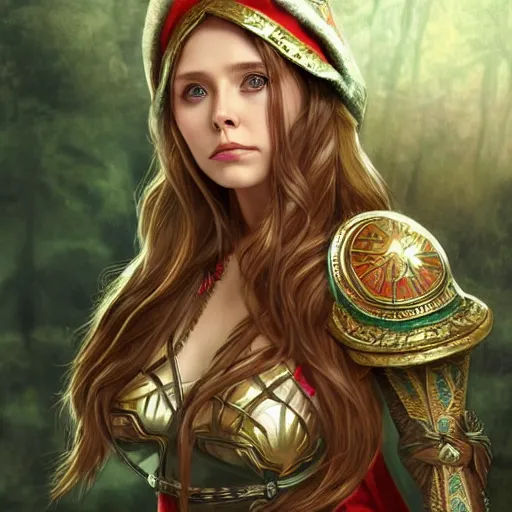 Image similar to Elizabeth Olsen as a elf archer, cute, fantasy, intricate, elegant, highly detailed, centered, digital painting, artstation, concept art, smooth, sharp focus, illustration, art by artgerm and H R Giger and alphonse mucha