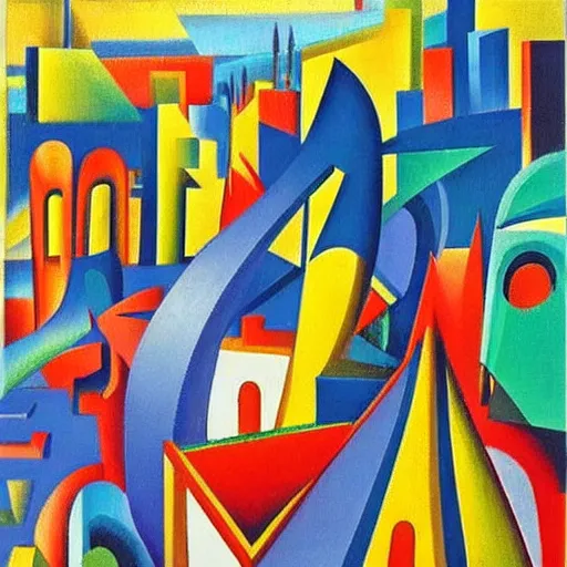 Prompt: a surreal neighborhood in a cityscape, vibrant style by olexandr archipenko, jean metzinger