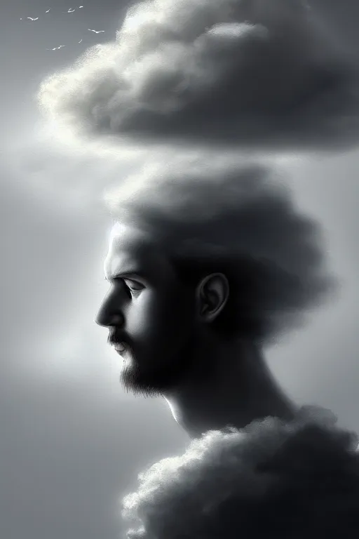 Prompt: of man with cloud head, in the style of tim smith, solarpunk, atmospheric, clean, intricate and epic composition, gray by caravaggio, insanely quality, highly detailed, masterpiece, white light, artstation, 4 k