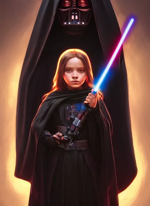 Image similar to perfectly - centered - portrait of a kid wearing black cloak holding light saber, intricate, highly detailed, digital painting, artstation, concept art, smooth, sharp focus, illustration, unreal engine 5, 8 k, art by artgerm and greg rutkowski and alphonse mucha and sam spratt