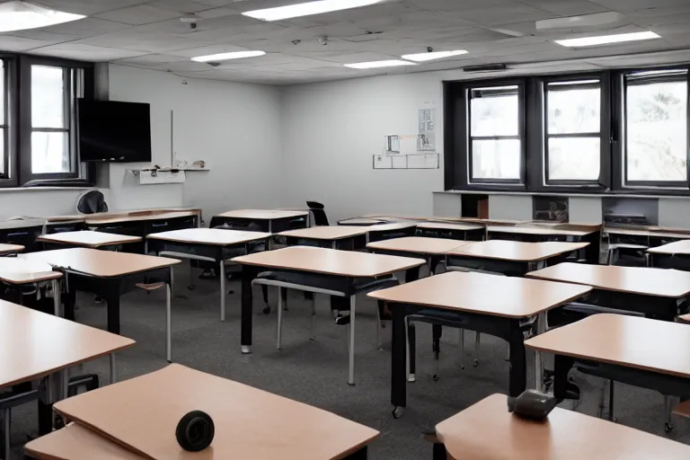 Prompt: Tiny classroom with desks and blackboard, ants as students sitting in the desks, macro photography