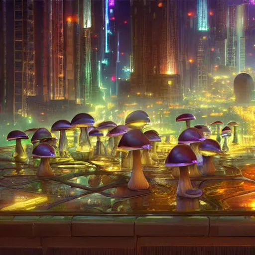 Image similar to lightning mushroom city 8 k octane render rich by artgerm, syd mead, evgeny lushpin