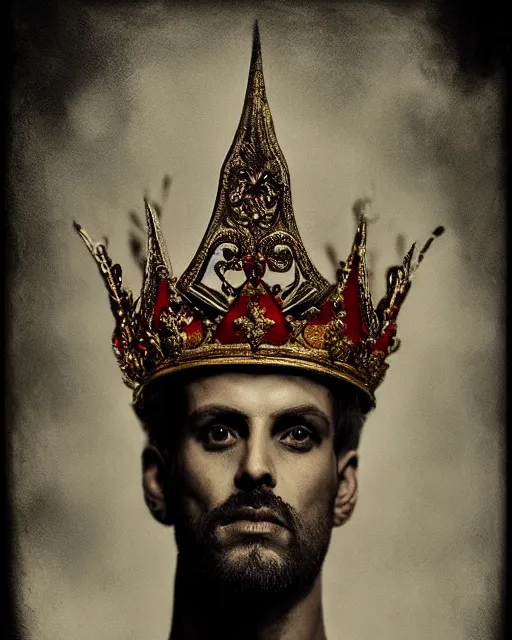 Image similar to 'Portrait of Crowned King Arthur' by Lee Jeffries royally decorated, whirling plasma, atmospheric motes, red and gold Sumptuous garb, gilt silk fabric, radiant colors, fantasy, perfect lighting, studio lit, micro details,