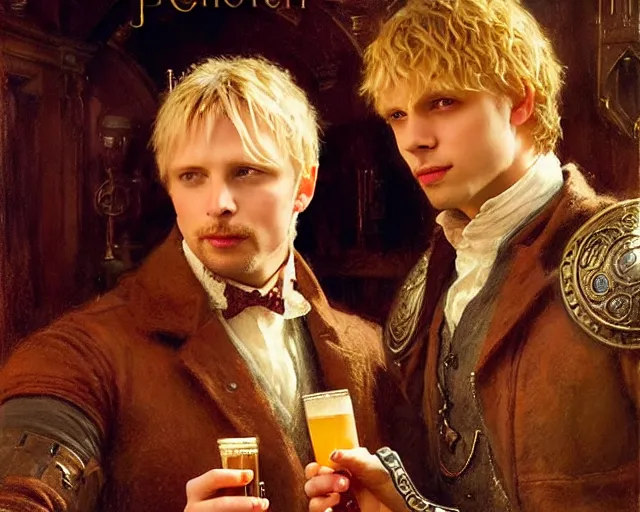 Prompt: arthur pendragon and attractive merlin go to a pub together to have some drinks. highly detailed painting by gaston bussiere, greg rutkowski, j. c. leyendecker 8 k