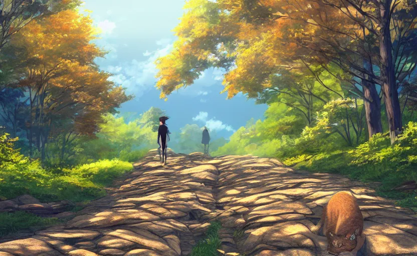 Prompt: cat walking the Appalachian trail, anime scenery by Makoto Shinkai, wholesome digital art