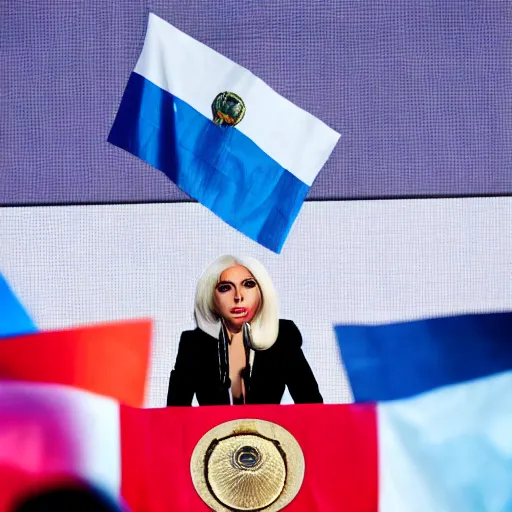 Image similar to Lady Gaga as president, Argentina presidential rally, Argentine flags behind, bokeh, giving a speech, detailed face, Argentina