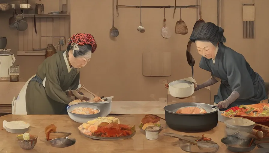 Prompt: old japanese lady cooking, old 1 9 0 0's kitchen, pan and plates, hyperdetailed, artstation, cgsociety, 8 k