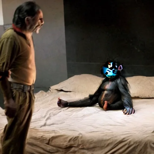 Prompt: kurdish man tucks his pet chimpanzee into bed, in a movie directed by christopher nolan, movie still frame, promotional image, imax 7 0 mm footage, strong and imposing