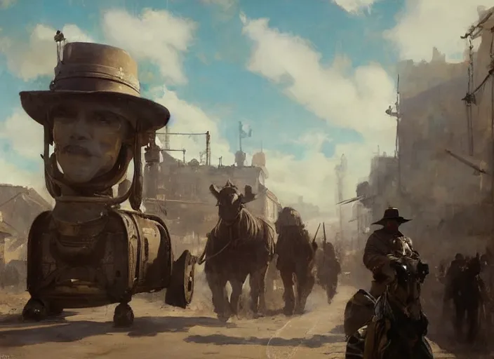 Prompt: oil painting of old rugged zyborg robot in dusty wild west street, art by anders zorn, wonderful masterpiece by greg rutkowski, beautiful cinematic light, american romanticism by greg manchess, jessica rossier