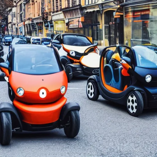 Image similar to photo of a clown driving a renault twizy in traffic jam,