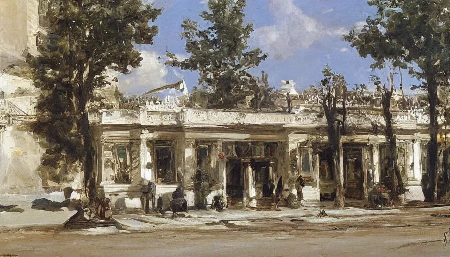 Image similar to artwork painting of the storefront building by eugene von guerard, ivan shishkin, john singer sargent