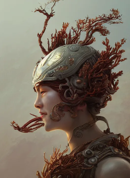 Image similar to Helmet of a forgotten Deity, ivory, copper cables, corals, plume of seaweed, extremly detailed digital painting, in the style of Fenghua Zhong and Ruan Jia and jeremy lipking and Peter Mohrbacher, mystical colors, rim light, beautiful lighting, 8k, stunning scene, raytracing, octane, trending on artstation