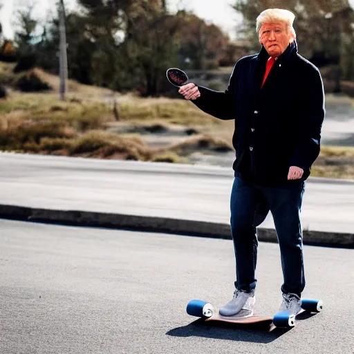 Image similar to cinematic shot of donald trump holding a skateboard, white hoodie, black jeans,