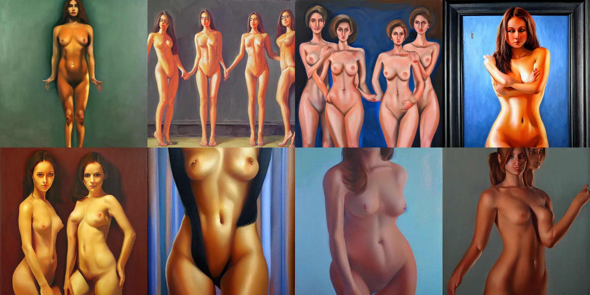 Prompt: symmetrical oil painting of full - body women by samokhvalov