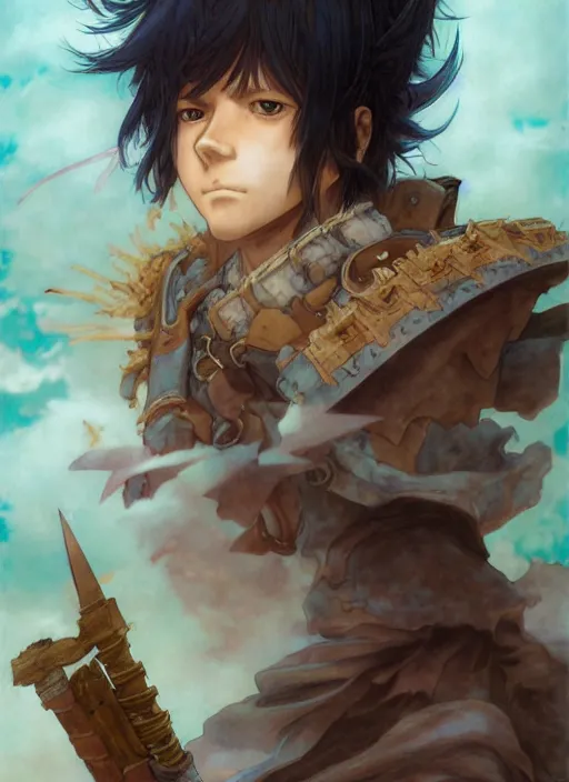 Image similar to prompt : ragnarok online portrait soft light painted by james jean and katsuhiro otomo and erik jones, epic fantasy, a young long haired peasant boy with dark skin, brown skin, a dark complexation in plain fantasy clothing with intelligent eyes, intricate oil painting, high detail illustration, sharp high detail, manga and anime 1 9 9 9