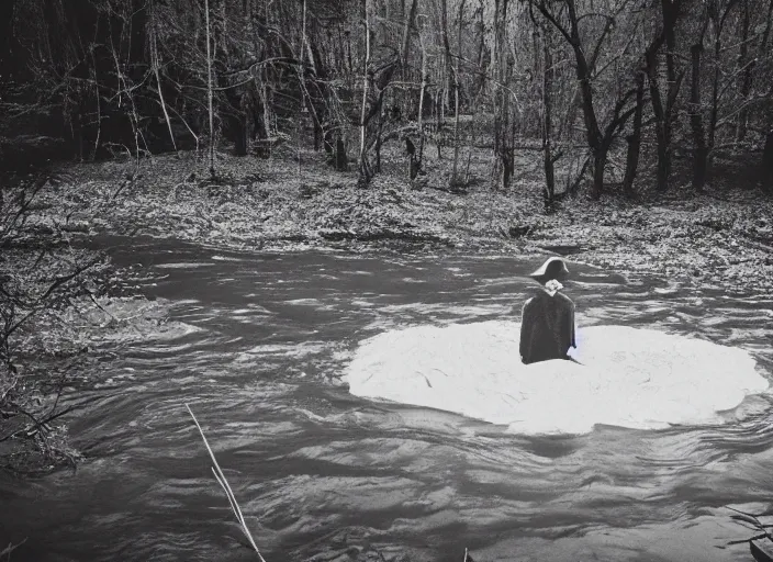 Image similar to photo of a ghostly figure floating over a river, cinematic, blair witch project, real