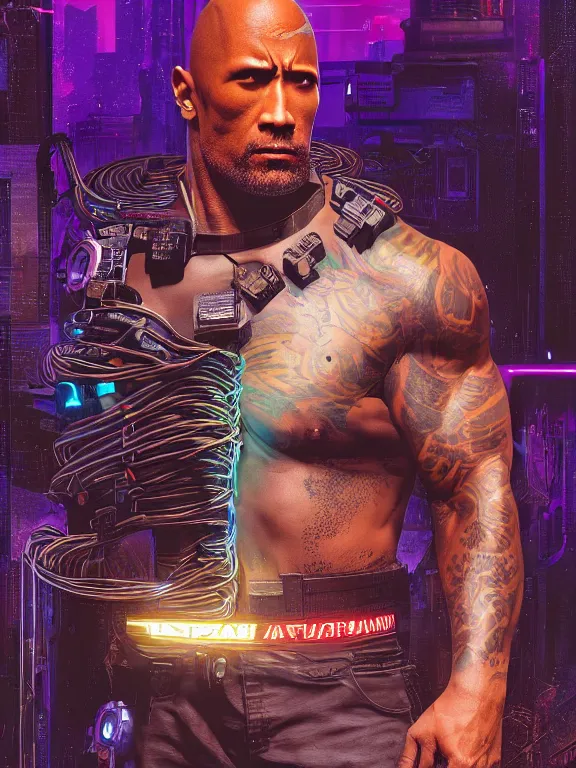 Prompt: a cyberpunk 2077 portrait of Dwayne Johnson put his arms around a female android , complex mess of cables and wires behind them connected to giant computer, love,film lighting, by laurie greasley,Lawrence Alma-Tadema,William Morris,Dan Mumford, trending on atrstation, full of color, highly detailed,8K, octane, Digital painting,golden ratio,cinematic lighting