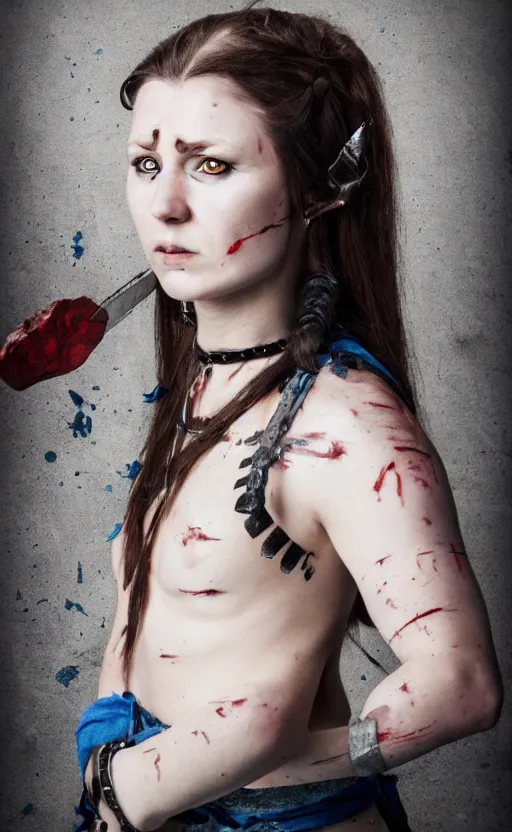 Image similar to photorealistic portrait of female viking warrior with black hair and bloody nose, blue eyes, porcelain skin, shoulders, determined