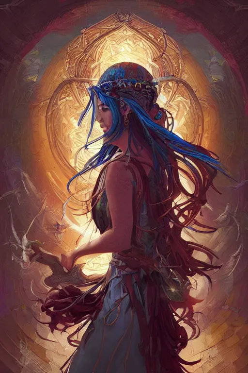 Prompt: shamanic priestess by artgerm, tooth wu, dan mumford, beeple, wlop, rossdraws, james jean, marc simonetti, artstation giuseppe dangelico pino and michael garmash and rob rey and greg manchess and huang guangjian and makoto shinkai