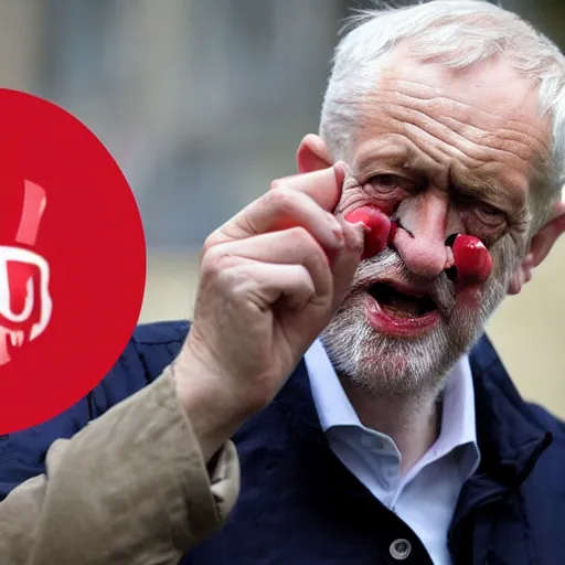 Image similar to jeremy corbyn with a crazed look on his face with one hand filled with ketchup and one hand filled with cheese